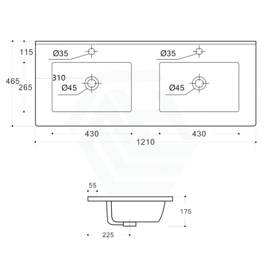 1210x465x175mm Ceramic Top for Bathroom Vanity Double Bowls Gloss White