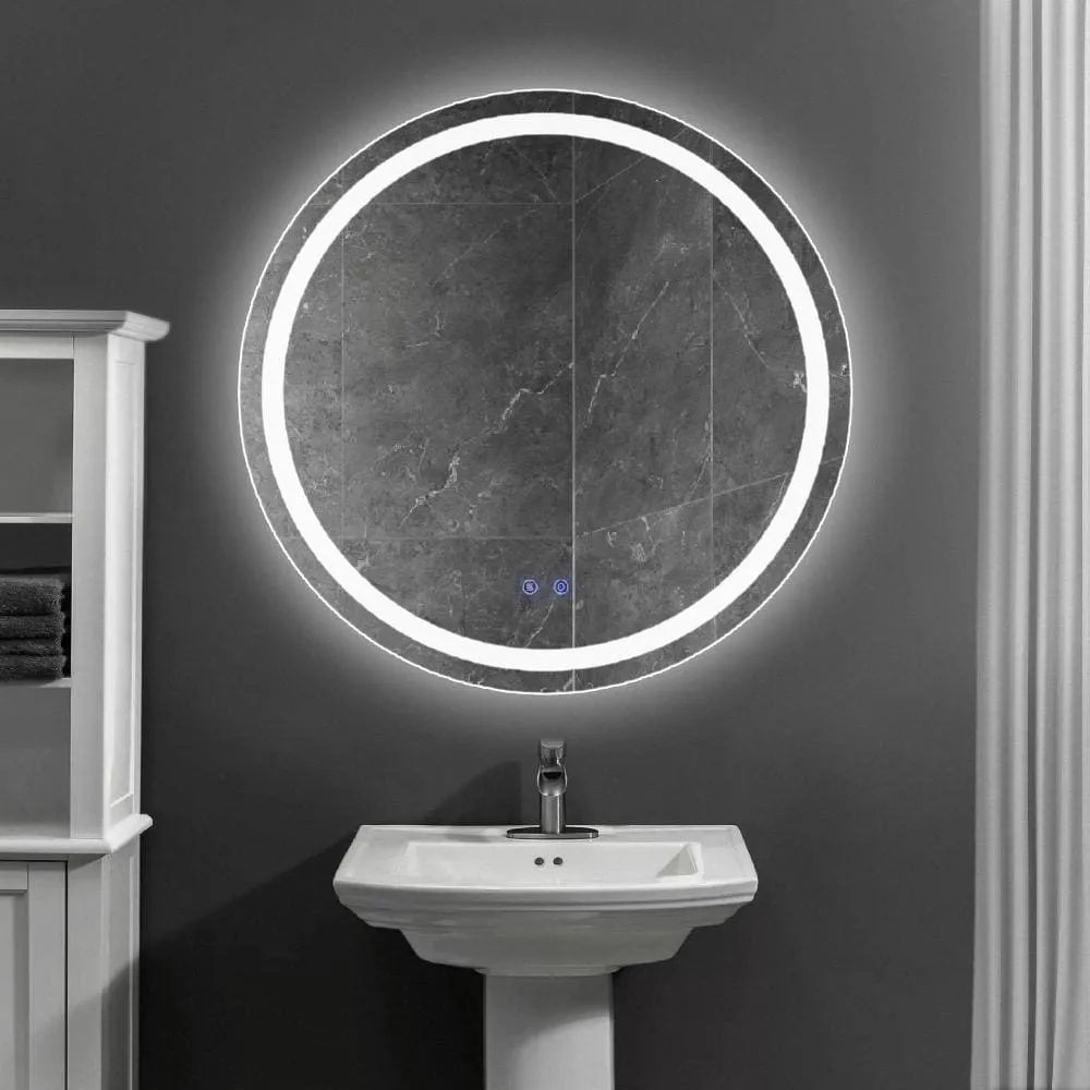 32 x 32 Inch Round Frameless LED Illuminated Bathroom Mirror, Touch Button Defogger, Metal, Frosted Edges, Silver By The Urban Port