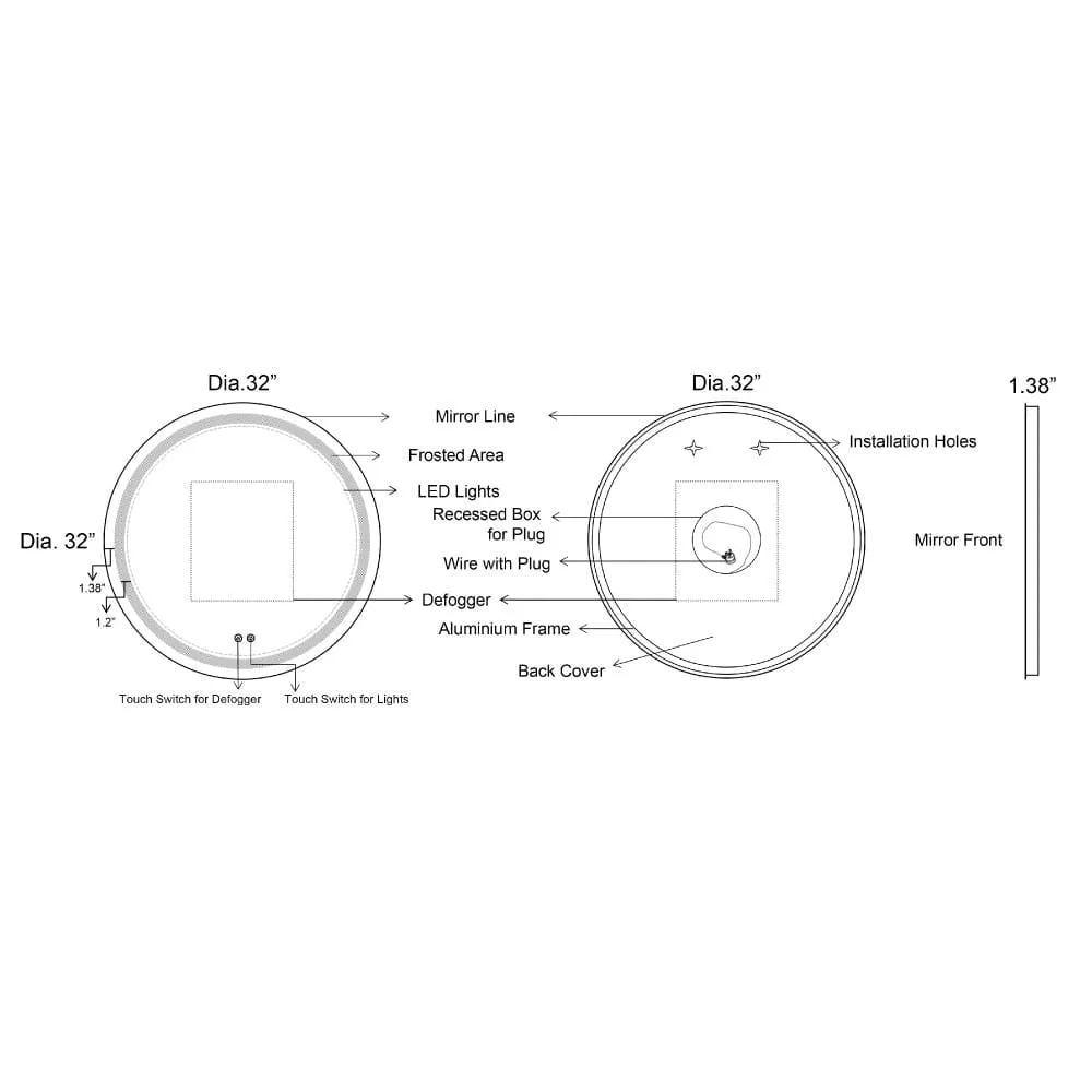 32 x 32 Inch Round Frameless LED Illuminated Bathroom Mirror, Touch Button Defogger, Metal, Frosted Edges, Silver By The Urban Port