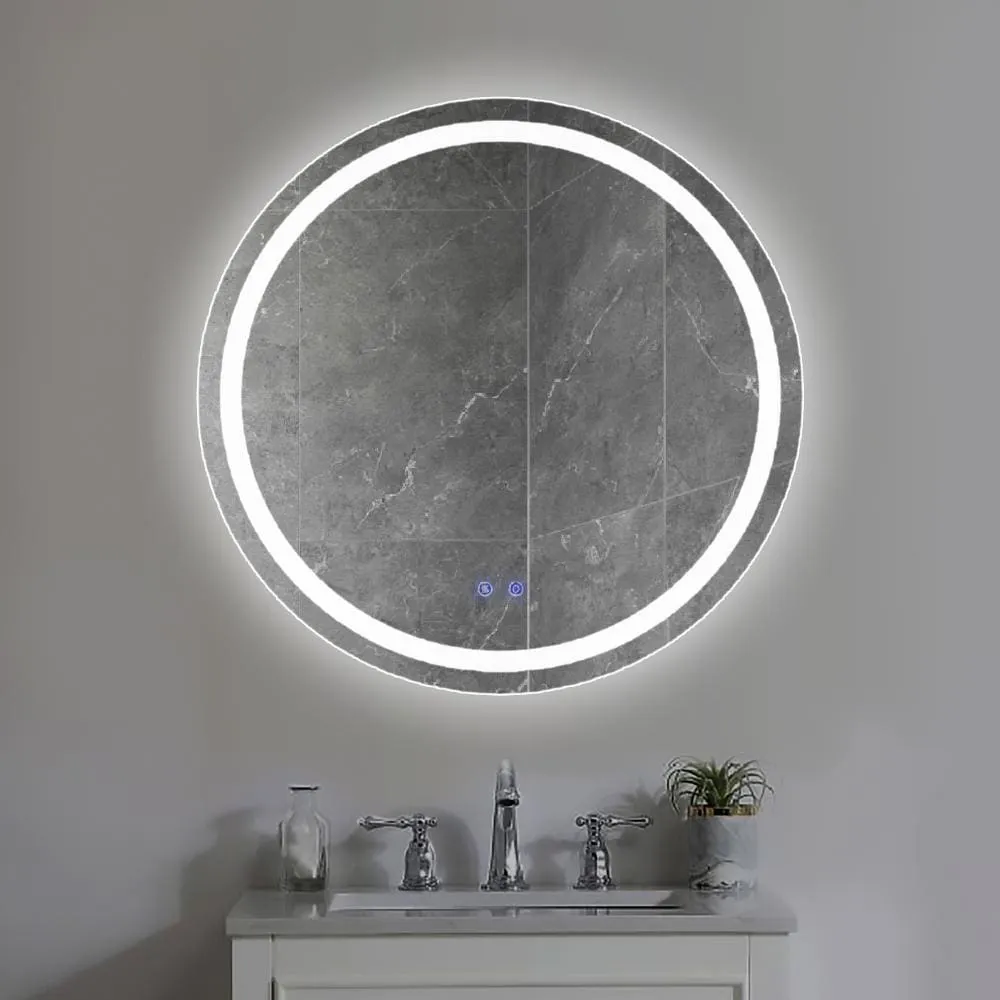 32 x 32 Inch Round Frameless LED Illuminated Bathroom Mirror, Touch Button Defogger, Metal, Frosted Edges, Silver By The Urban Port