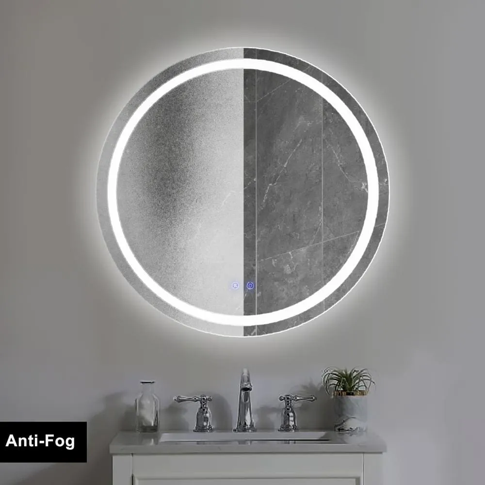 32 x 32 Inch Round Frameless LED Illuminated Bathroom Mirror, Touch Button Defogger, Metal, Frosted Edges, Silver By The Urban Port