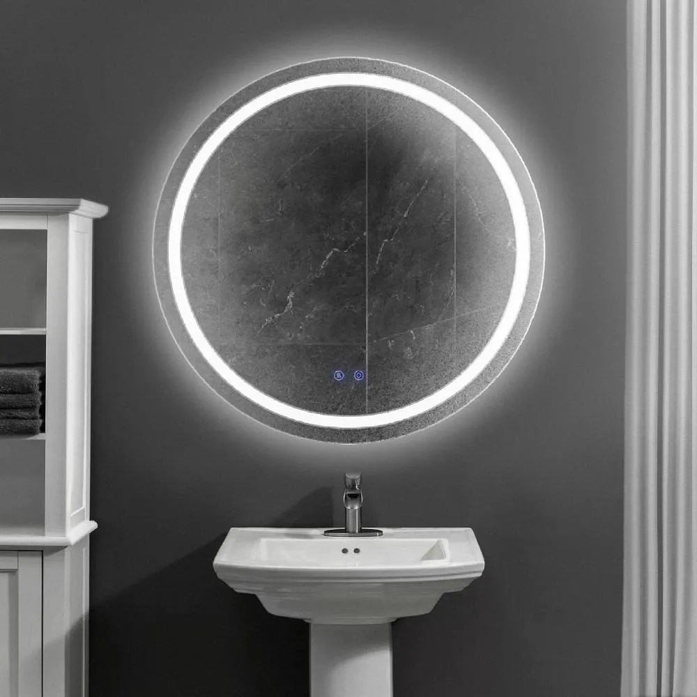 32 x 32 Inch Round Frameless LED Illuminated Bathroom Mirror, Touch Button Defogger, Metal, Frosted Edges, Silver By The Urban Port