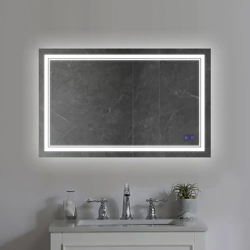 40 x 24 Inch Frameless LED Illuminated Bathroom Wall Mirror, Touch Button Defogger, Rectangular, Silver By The Urban Port