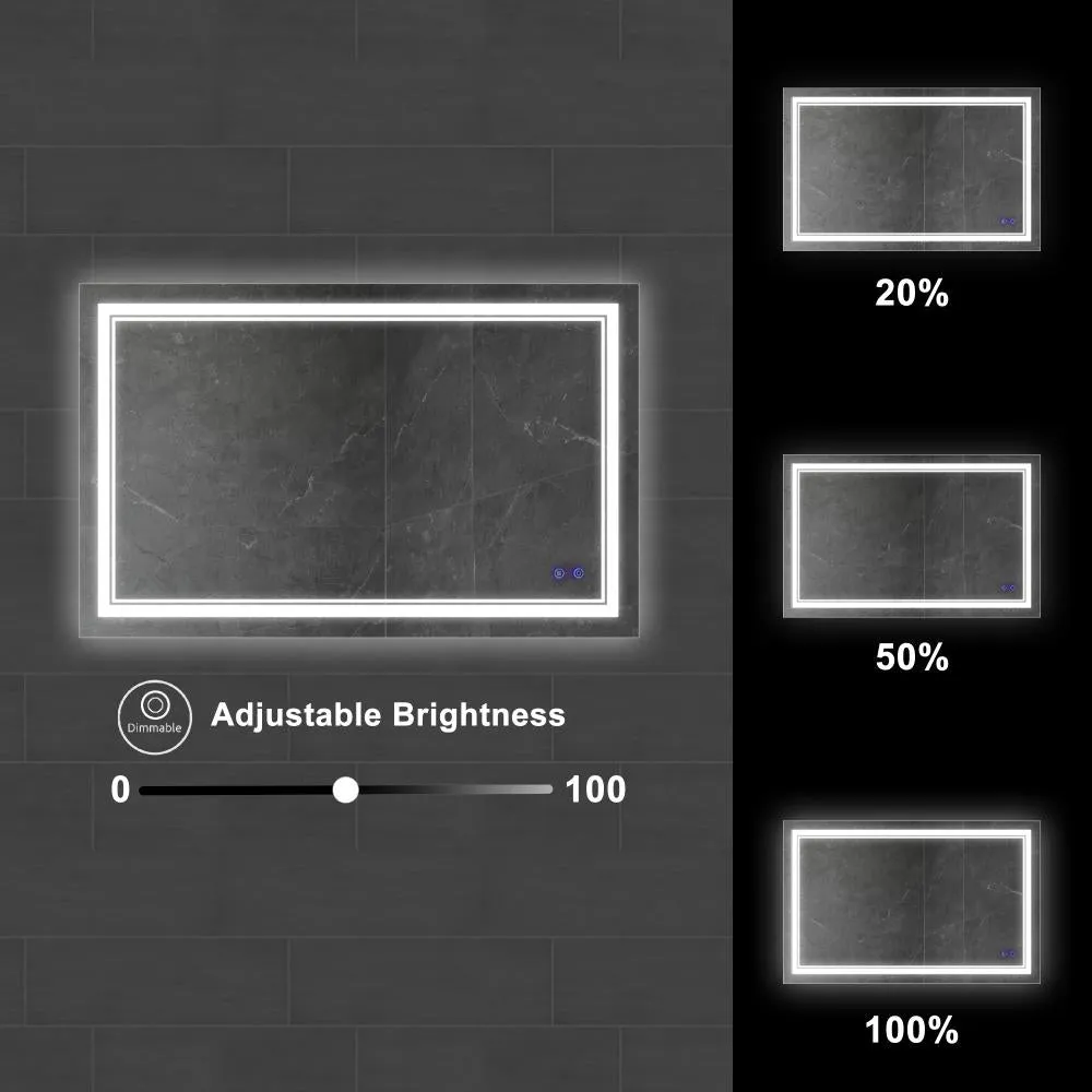 40 x 24 Inch Frameless LED Illuminated Bathroom Wall Mirror, Touch Button Defogger, Rectangular, Silver By The Urban Port