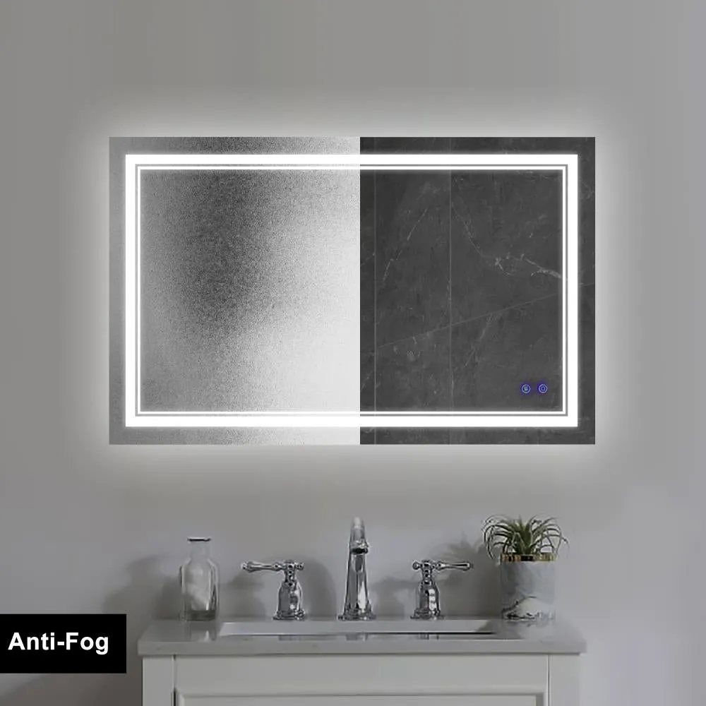 40 x 24 Inch Frameless LED Illuminated Bathroom Wall Mirror, Touch Button Defogger, Rectangular, Silver By The Urban Port