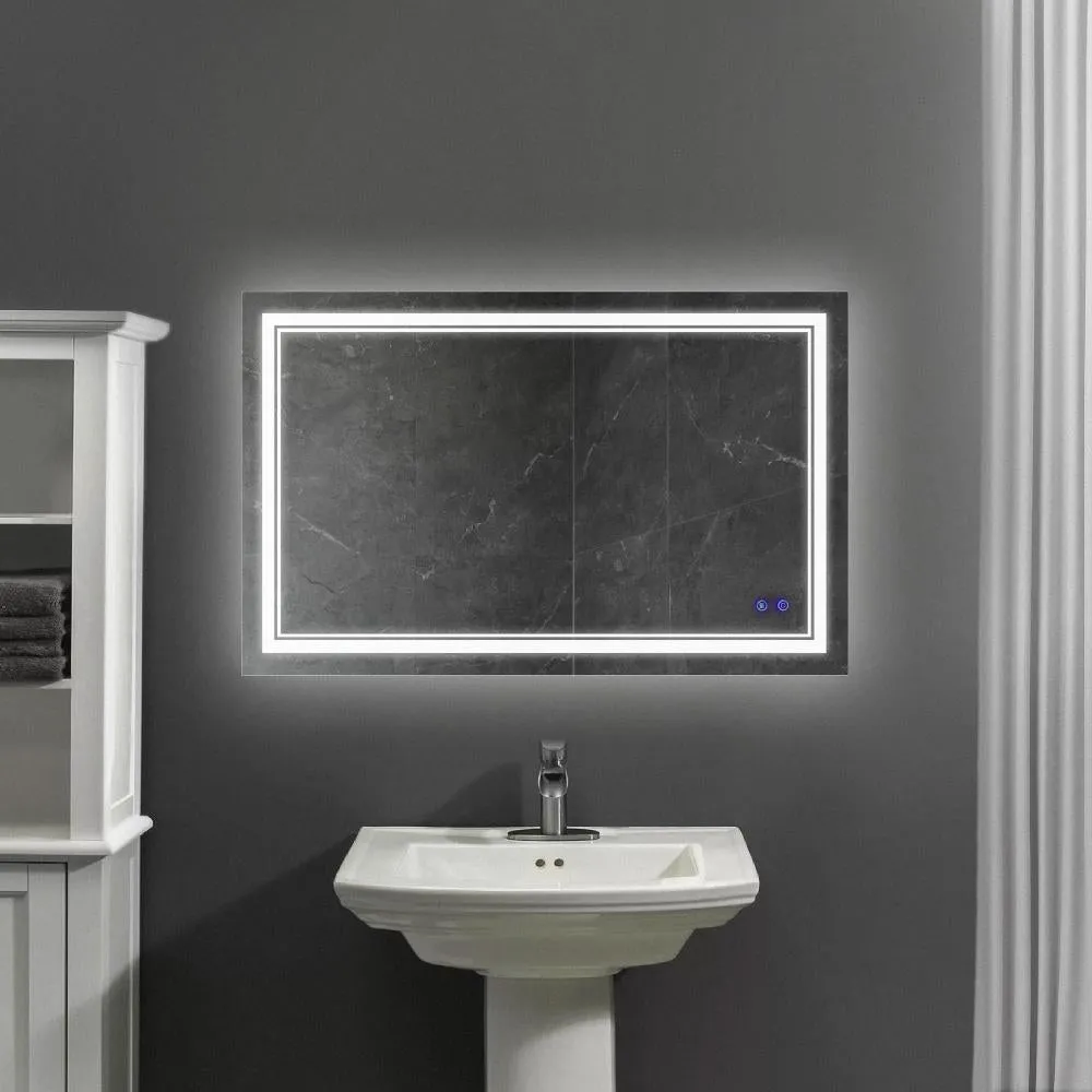 40 x 24 Inch Frameless LED Illuminated Bathroom Wall Mirror, Touch Button Defogger, Rectangular, Silver By The Urban Port