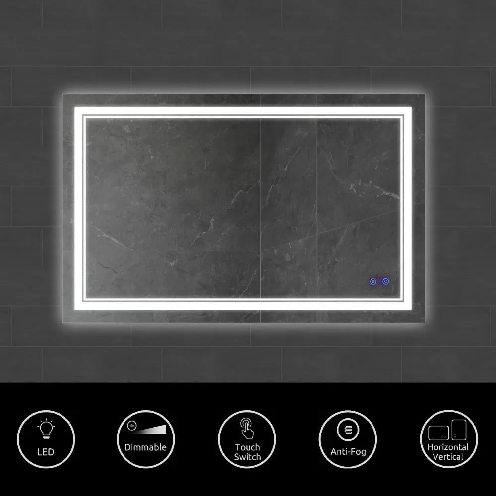 40 x 24 Inch Frameless LED Illuminated Bathroom Wall Mirror, Touch Button Defogger, Rectangular, Silver By The Urban Port