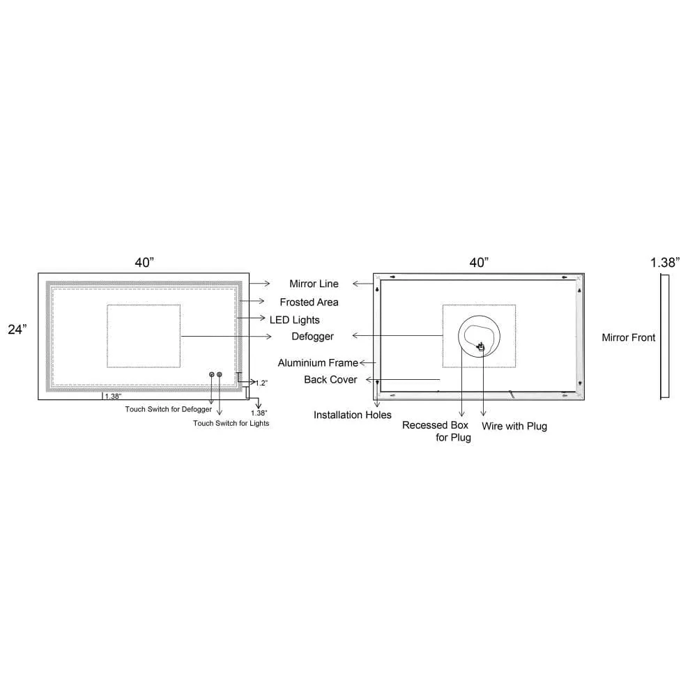 40 x 24 Inch Frameless LED Illuminated Bathroom Wall Mirror, Touch Button Defogger, Rectangular, Silver By The Urban Port