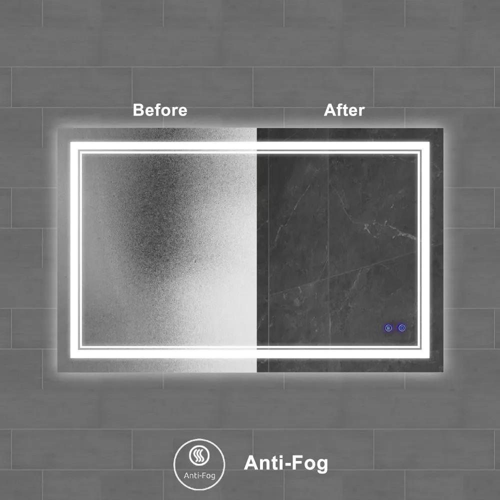 40 x 24 Inch Frameless LED Illuminated Bathroom Wall Mirror, Touch Button Defogger, Rectangular, Silver By The Urban Port