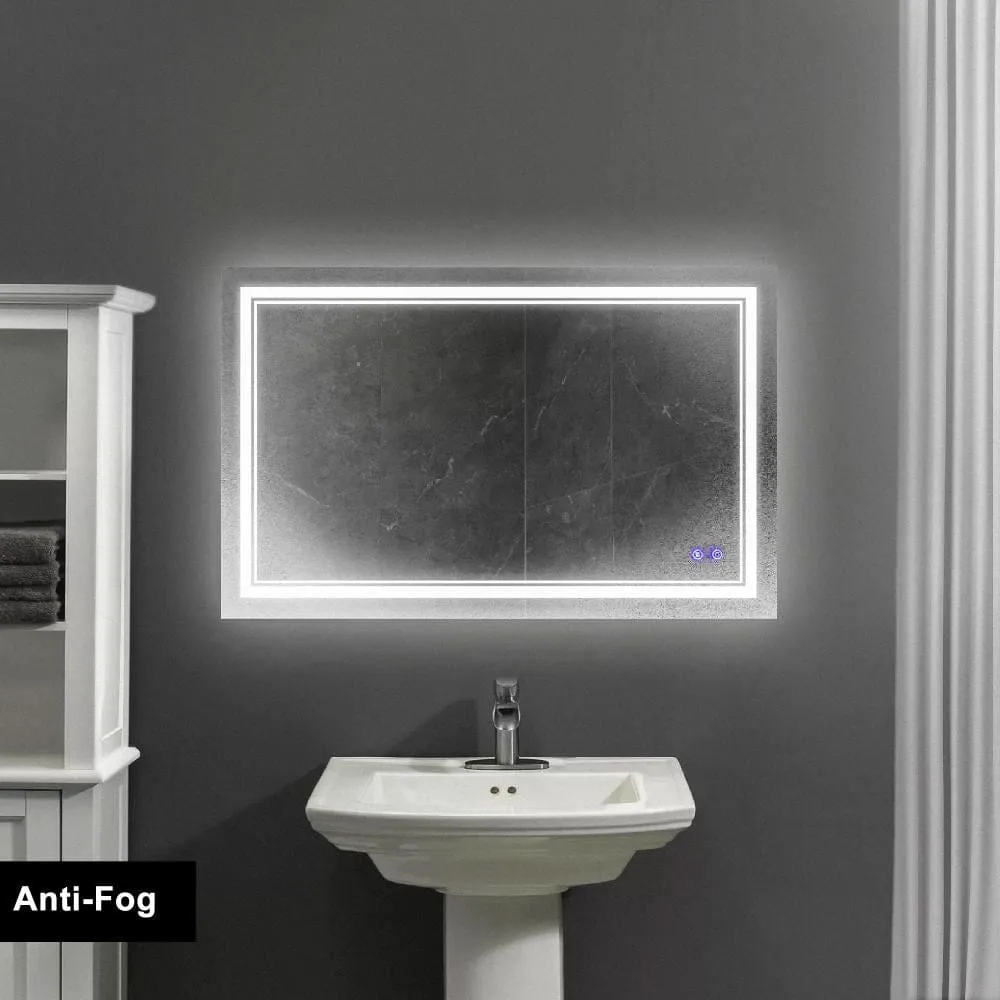 40 x 24 Inch Frameless LED Illuminated Bathroom Wall Mirror, Touch Button Defogger, Rectangular, Silver By The Urban Port