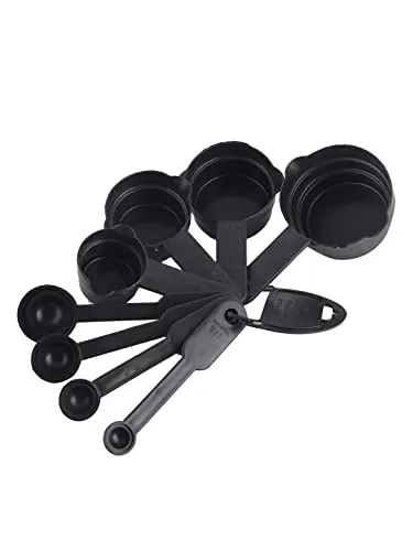 Abode Kitchen Essential Measuring Cup & Spoon for Spices | for Cooking and Baking Cake | Multipurpose Tablespoon Cups with Ring Holder | (Black, Plastic)