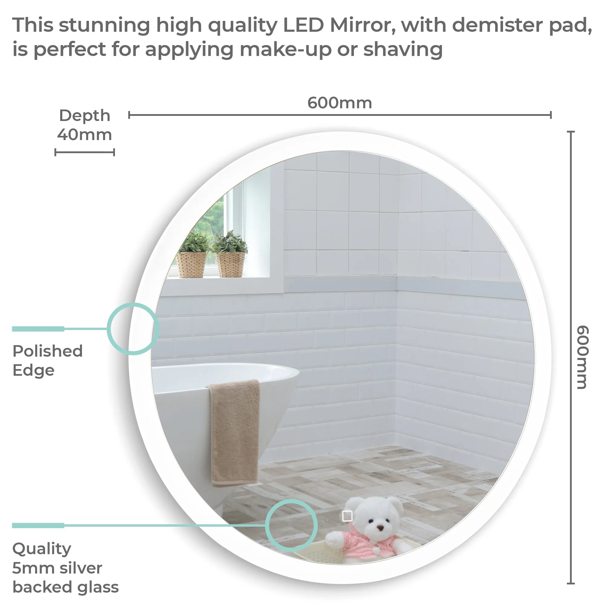 Ara Warm/Cold LED's Illuminated Bathroom Wall Mirror: Size-60HX60WX5.5D