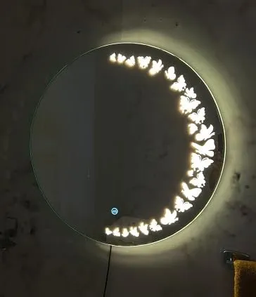 ARANAUT Round Shaped Butterfly Mirror, LED Illuminated Vanity Mirror with Touch Sensor. Wall Mounted Mirror for Bathroom, Bedroom & Makeup Room (Size: 21X21, Yellow Light).