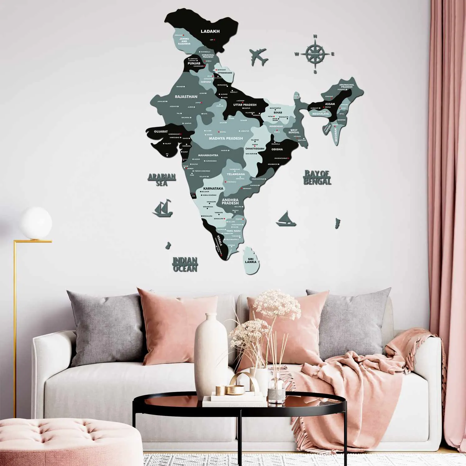 Black and Grey Wooden India Map for wall | Wooden India map wallart | Map of India |