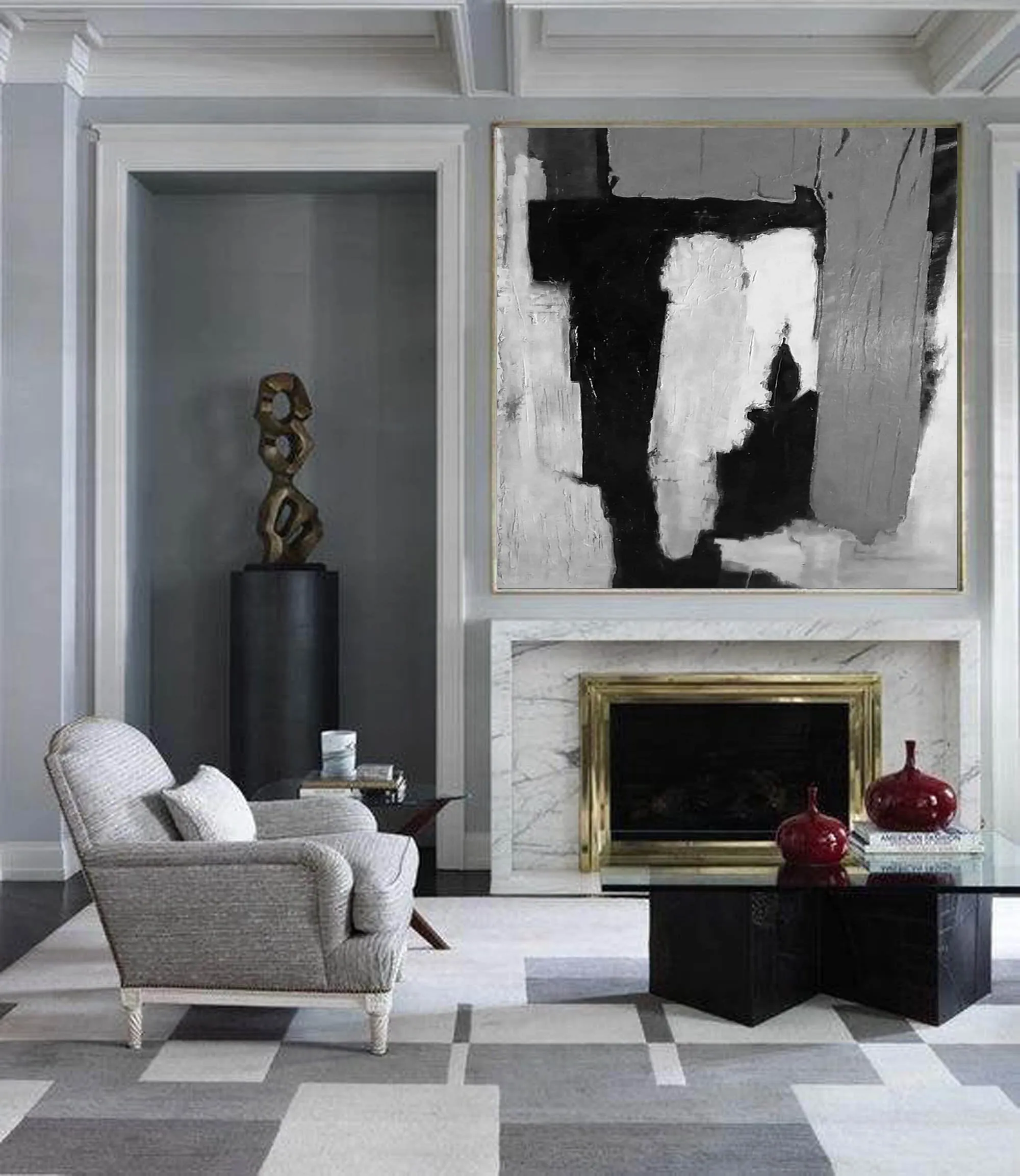 Black and White Modern Abstract Painting Grey Canvas Art Cp036