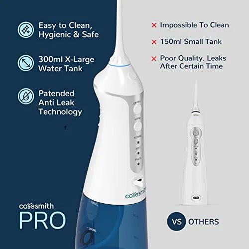 Caresmith Professional Cordless Dental Flosser | 300 ml Large Detachable Water Tank | 3 Modes | IPX7 Waterproof | Oral Flosser