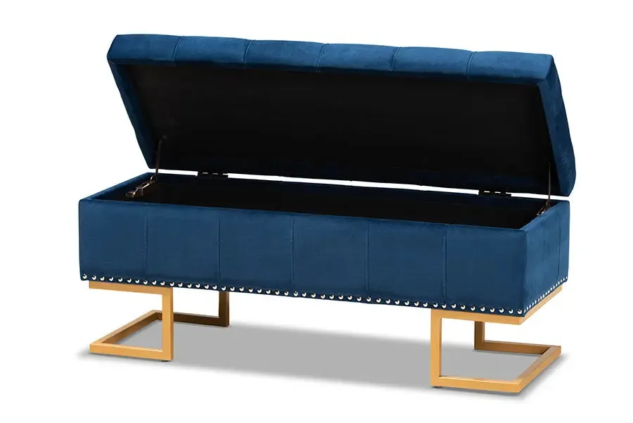 Charlotte Navy Blue Velvet Fabric Upholstered/Gold Finished Metal Storage Ottoman