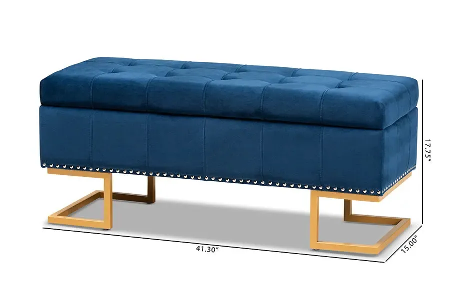 Charlotte Navy Blue Velvet Fabric Upholstered/Gold Finished Metal Storage Ottoman