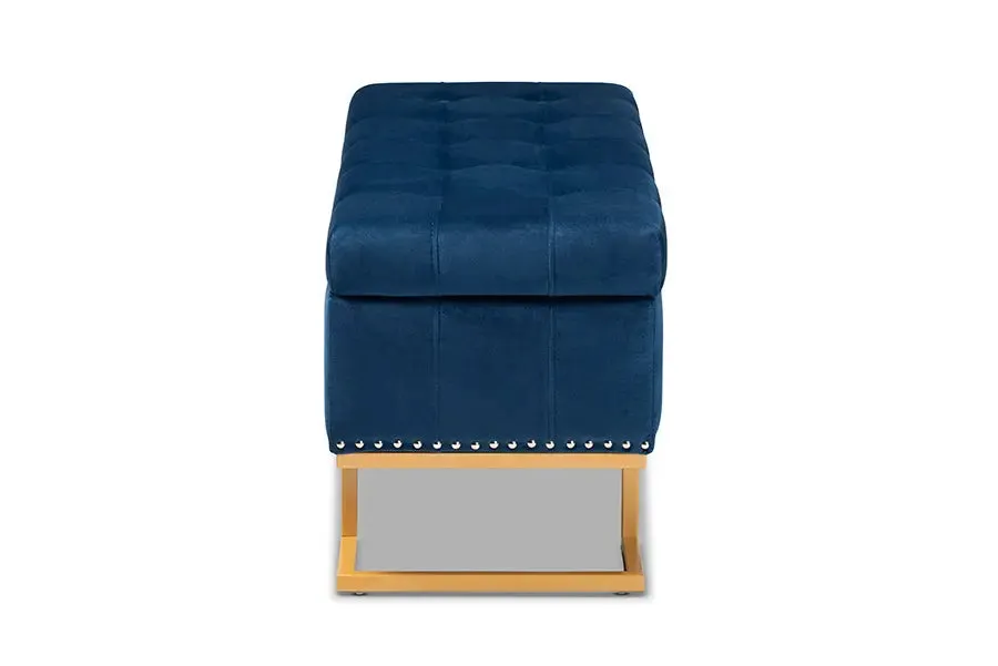 Charlotte Navy Blue Velvet Fabric Upholstered/Gold Finished Metal Storage Ottoman