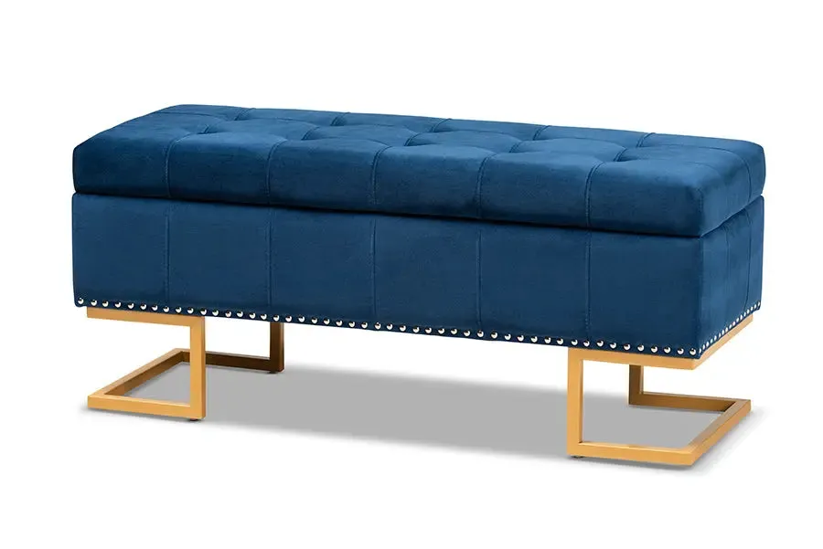 Charlotte Navy Blue Velvet Fabric Upholstered/Gold Finished Metal Storage Ottoman