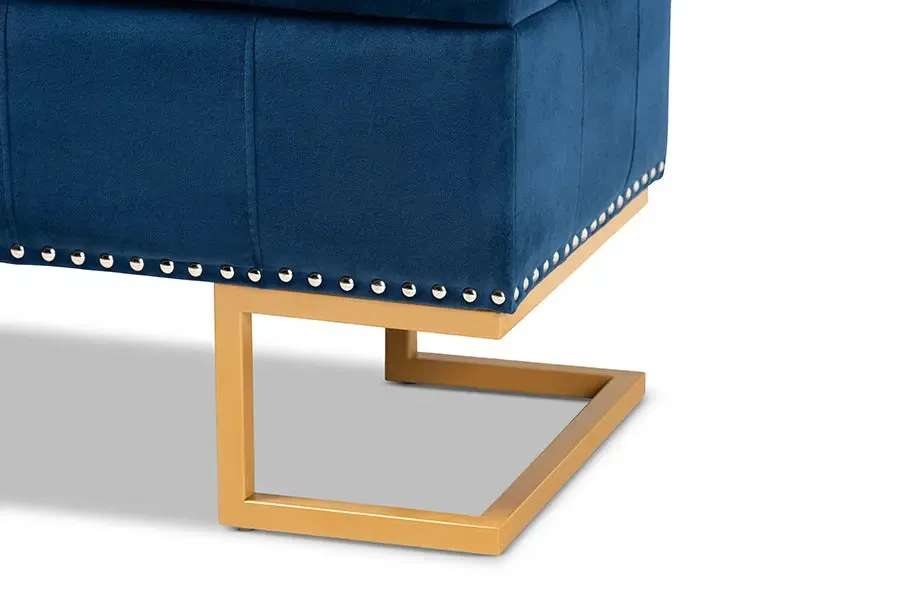 Charlotte Navy Blue Velvet Fabric Upholstered/Gold Finished Metal Storage Ottoman