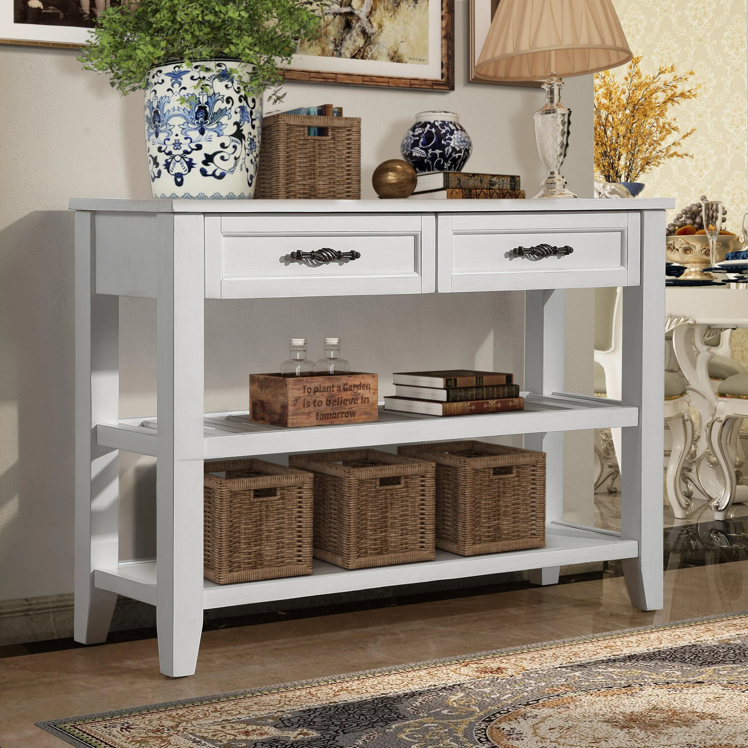 Console Sofa Table with 2 Drawers and 2 Shelves, 42'' Mid-Century Style, Antique White