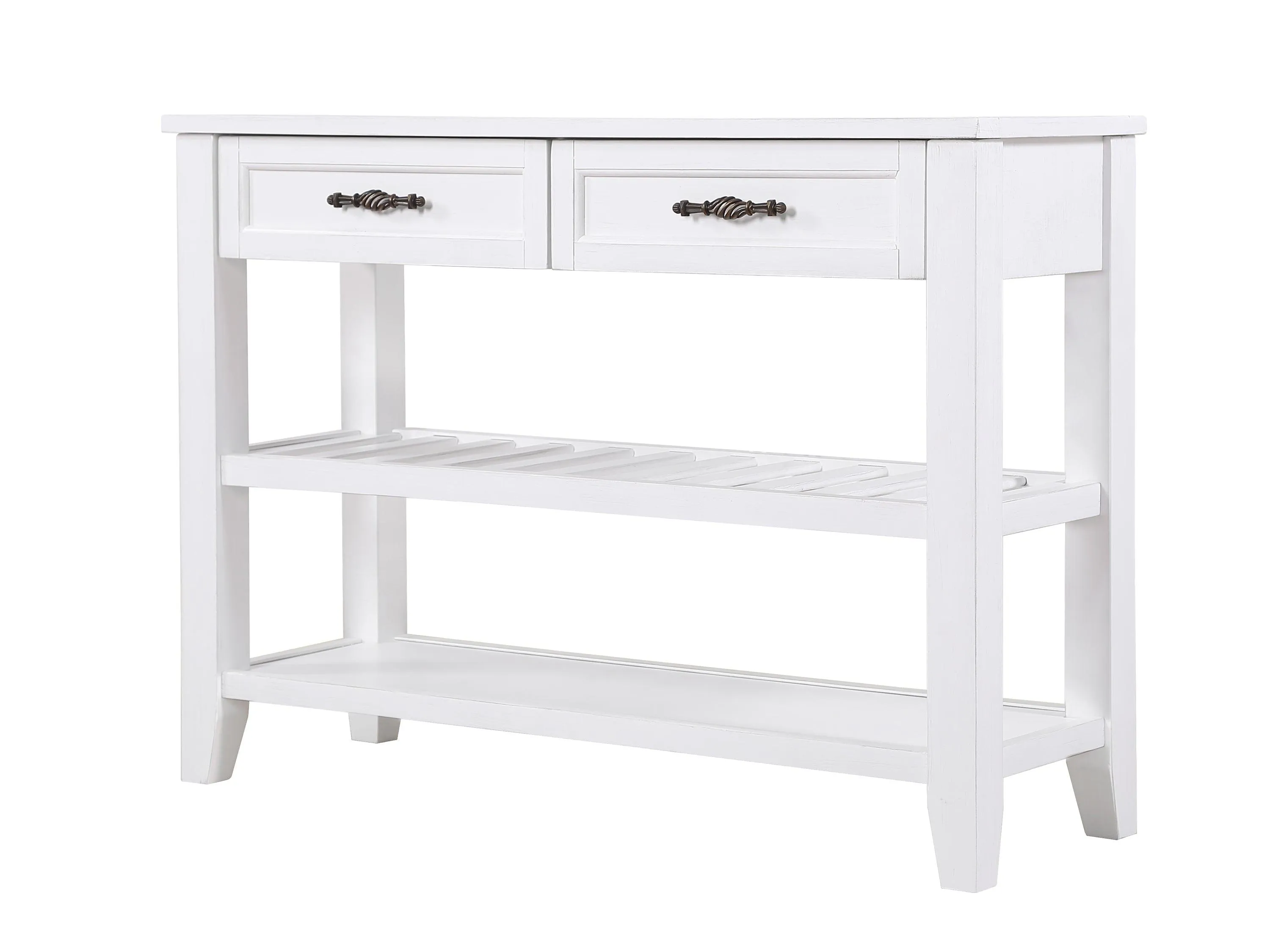 Console Sofa Table with 2 Drawers and 2 Shelves, 42'' Mid-Century Style, Antique White