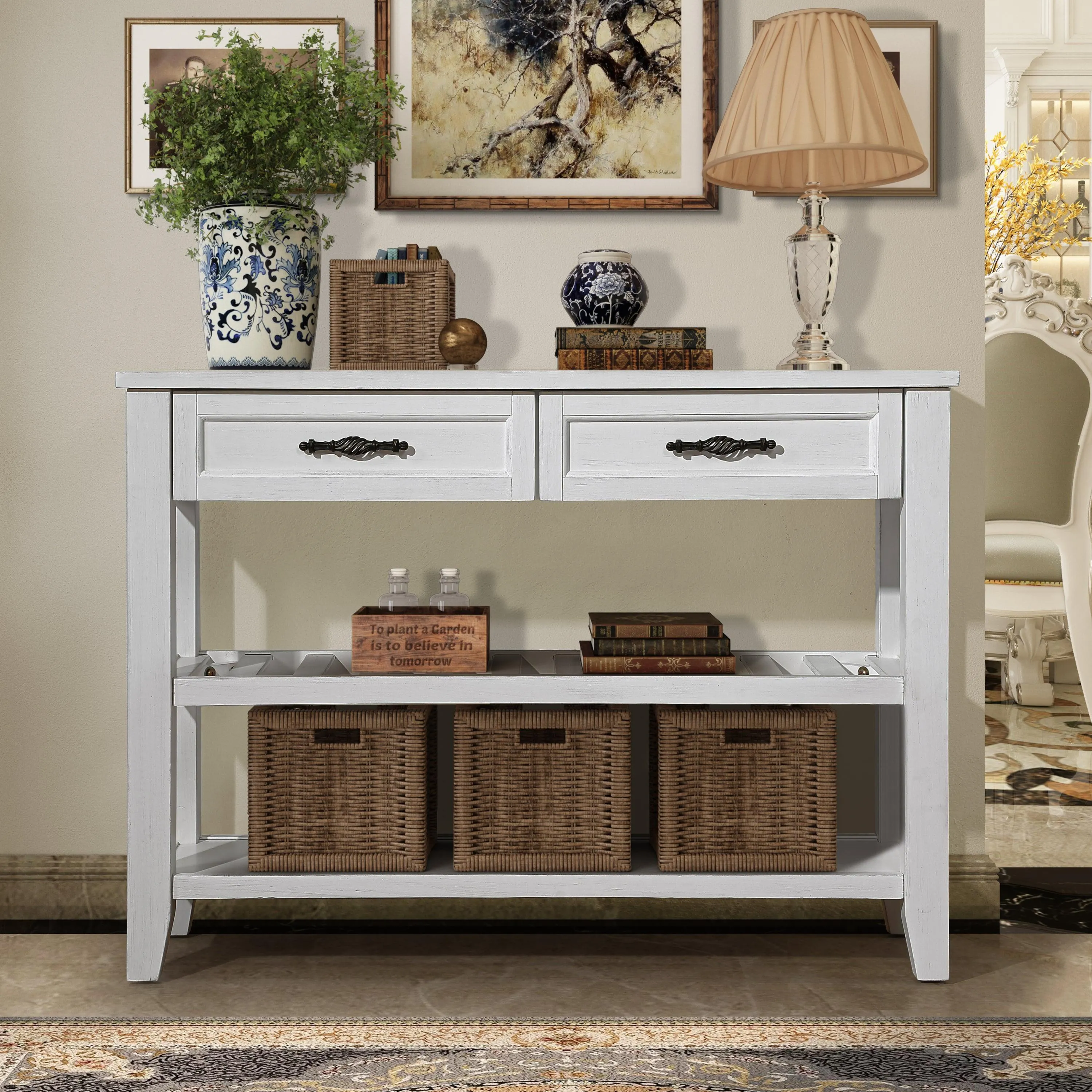 Console Sofa Table with 2 Drawers and 2 Shelves, 42'' Mid-Century Style, Antique White