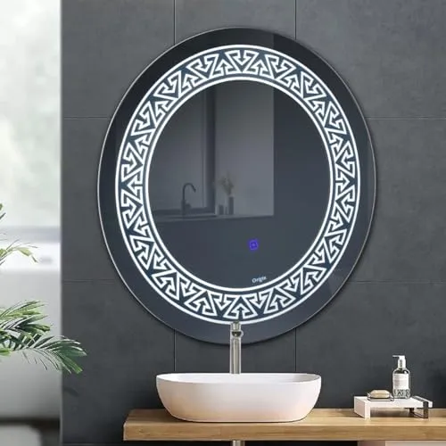 Crystal Indian Decorative Glass Led Circular Wall Mounted Washroom Mirror with Triple Light with Strip Printed Design (24 X 24)