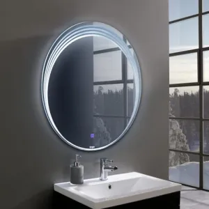 Crystal Indian Decorative Glass Led Oval Wall Mounted Washroom Mirror with Triple Light with Oval Lines Pattern Design (24" X 24" Inch)