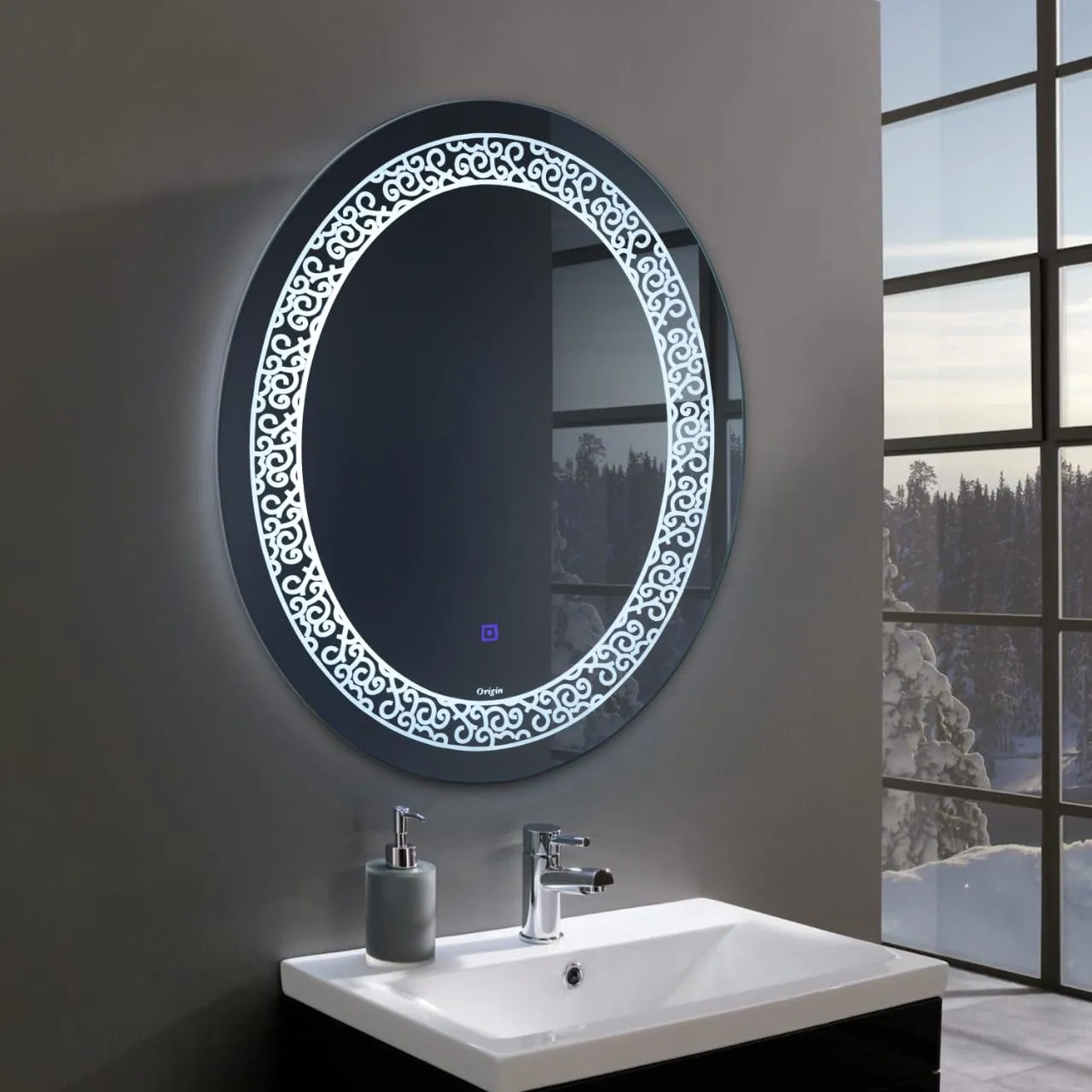 Crystal Indian Decorative Glass Led Oval Wall Mounted Washroom Mirror with Triple Light with Oval Strip Pattern Design (24"X24" Inch)