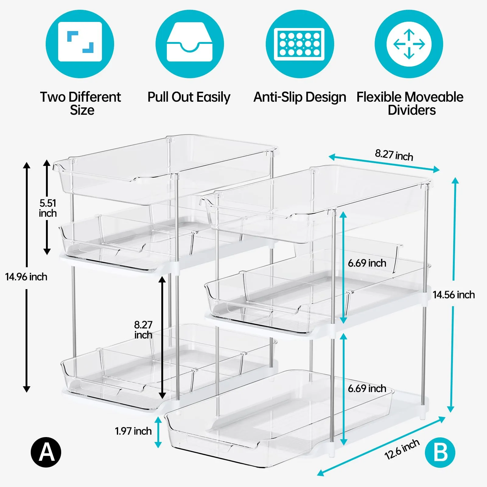 Delamu 2 Sets of 3-Tier Bathroom Under Sink Organizers and Storage, Multi-Purpose Stackable Pantry Organization and Storage, Pull Out Clear Kitchen Bathroom Cabinet Organizer with Movable Dividers