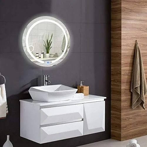 DEQORATION LED Round Mirror with Touch Sensor Bright Light for Bathroom | Wash Basin | Make-up Mirror Neutral White Light 4000K (24"x24" Mirror,Wall Mount, ?Framed)