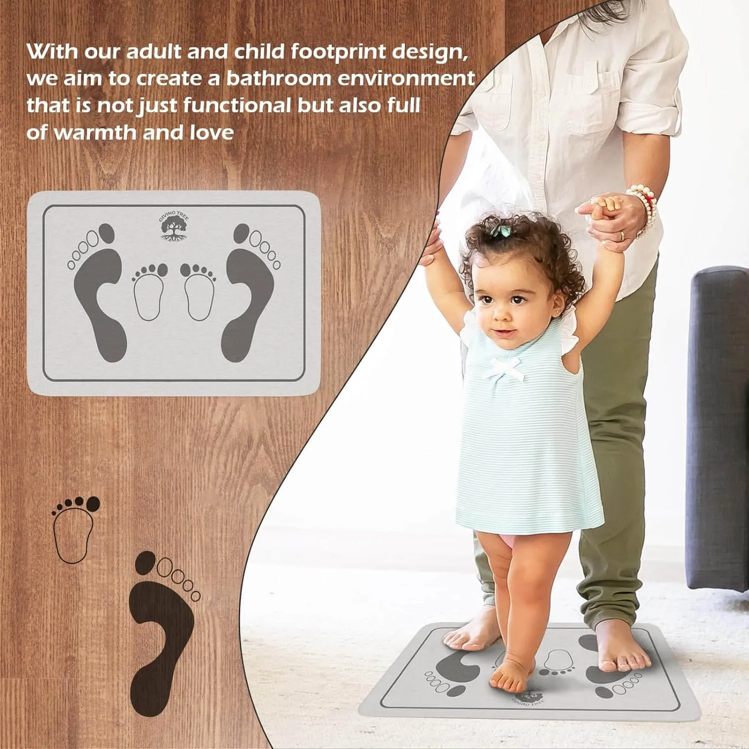 Fast Drying Stone Bath Mat, Non-Slip Diatomaceous Earth Bathtub Mat with Unique Adult and Children Footprint Design