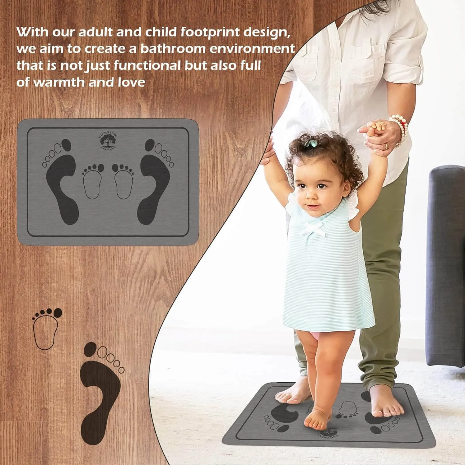 Fast Drying Stone Bath Mat, Non-Slip Diatomaceous Earth Bathtub Mat with Unique Adult and Children Footprint Design