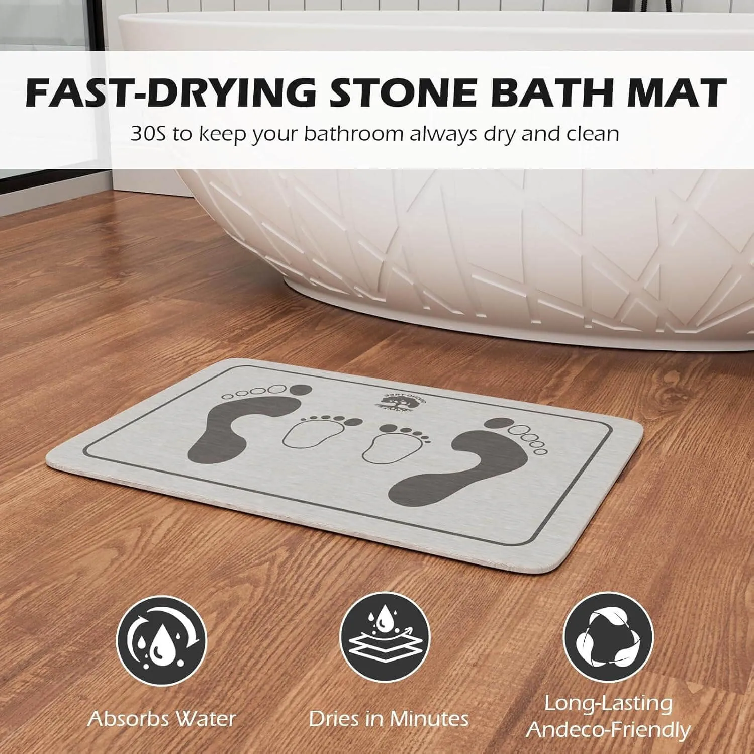 Fast Drying Stone Bath Mat, Non-Slip Diatomaceous Earth Bathtub Mat with Unique Adult and Children Footprint Design