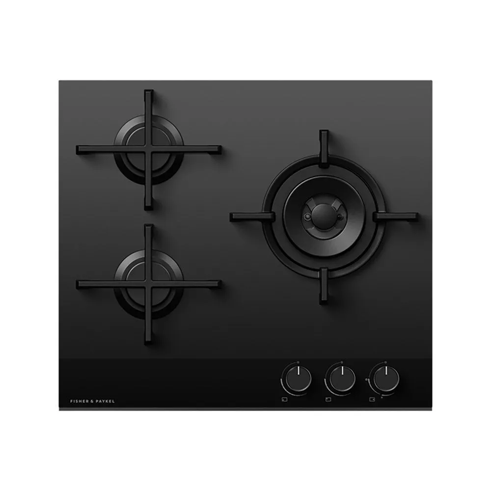 Fisher & Paykel CG603DNGGB4 Gas on Glass Hob, 3 Burners Two Dual Wok Burners, 60cm Wide- Black Glass