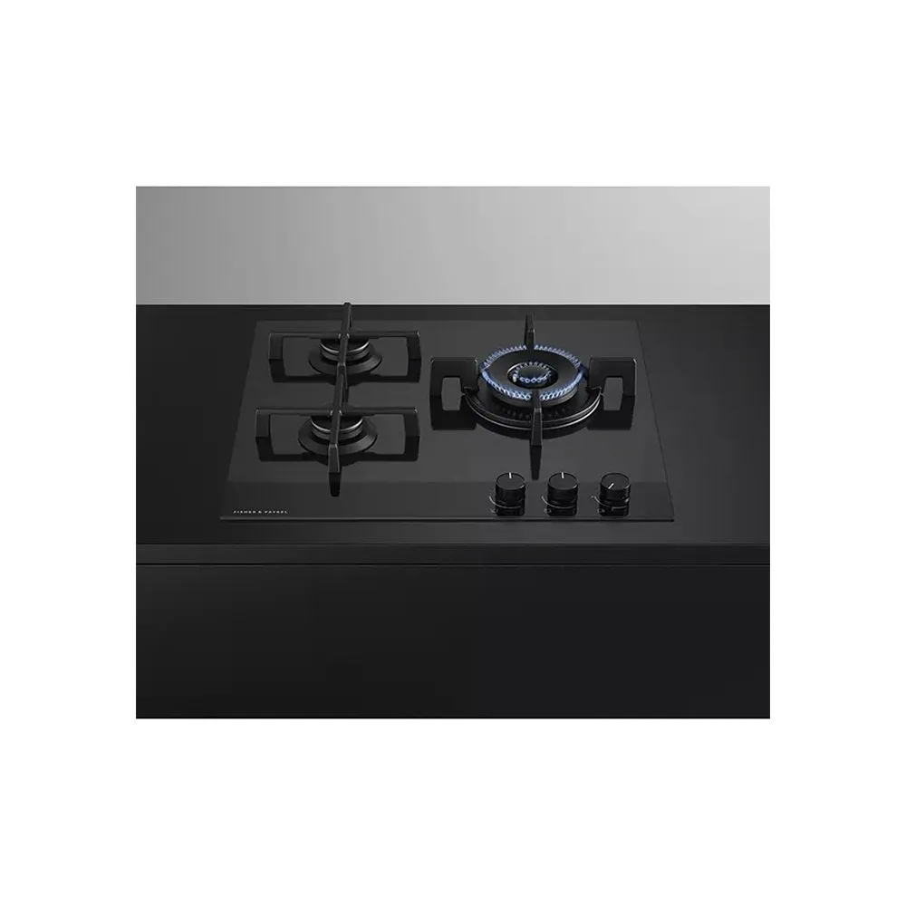 Fisher & Paykel CG603DNGGB4 Gas on Glass Hob, 3 Burners Two Dual Wok Burners, 60cm Wide- Black Glass