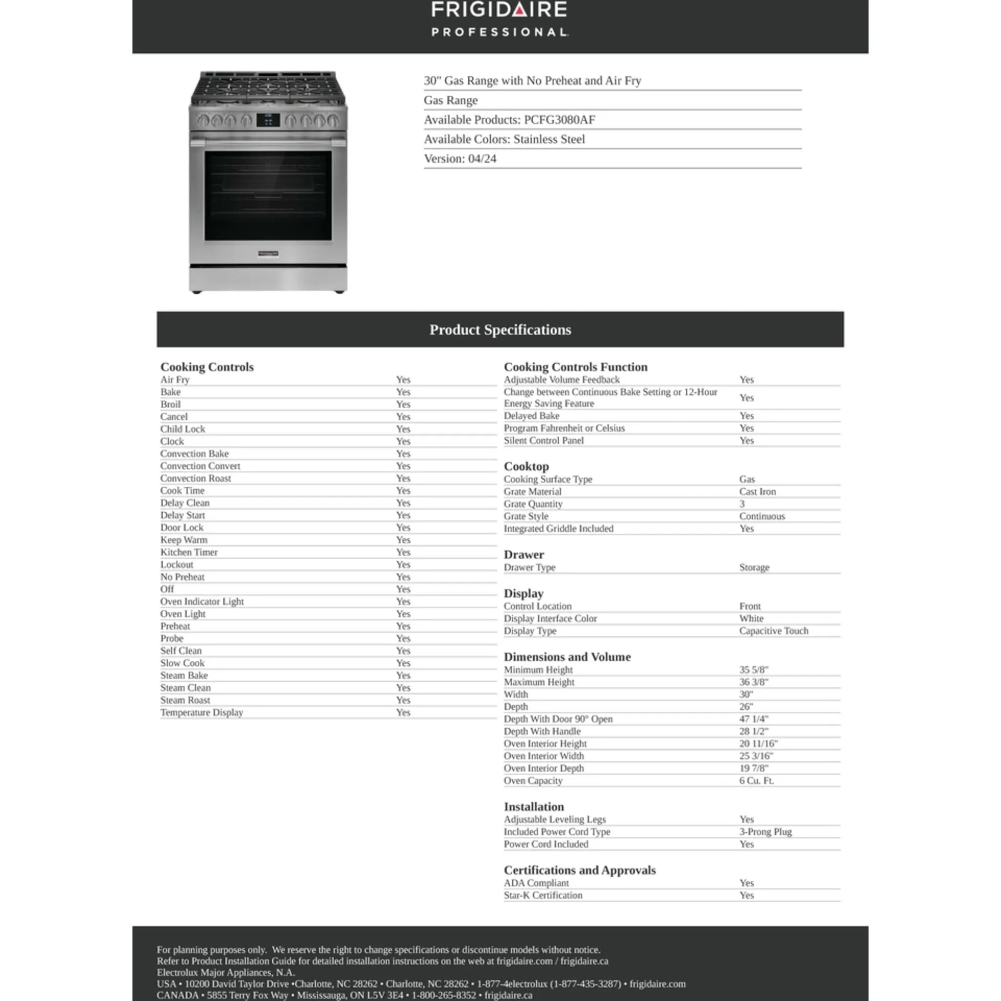 Frigidaire Professional Gas Range (PCFG3080AF) - SmudgeProof Stainless Steel