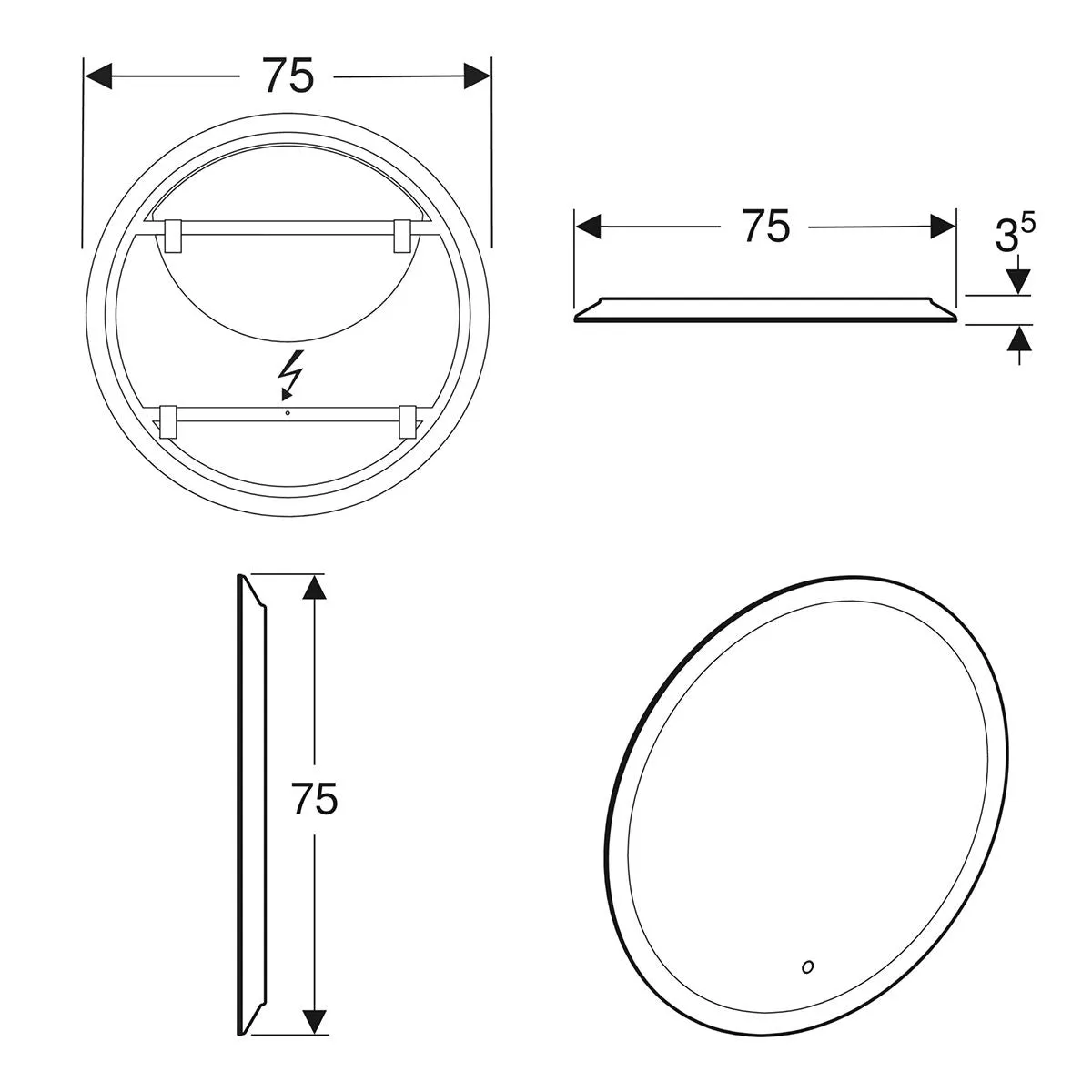 Geberit Option 750 mm Round Illuminated Wall Mounted Mirror With Direct and Indirect Lighting