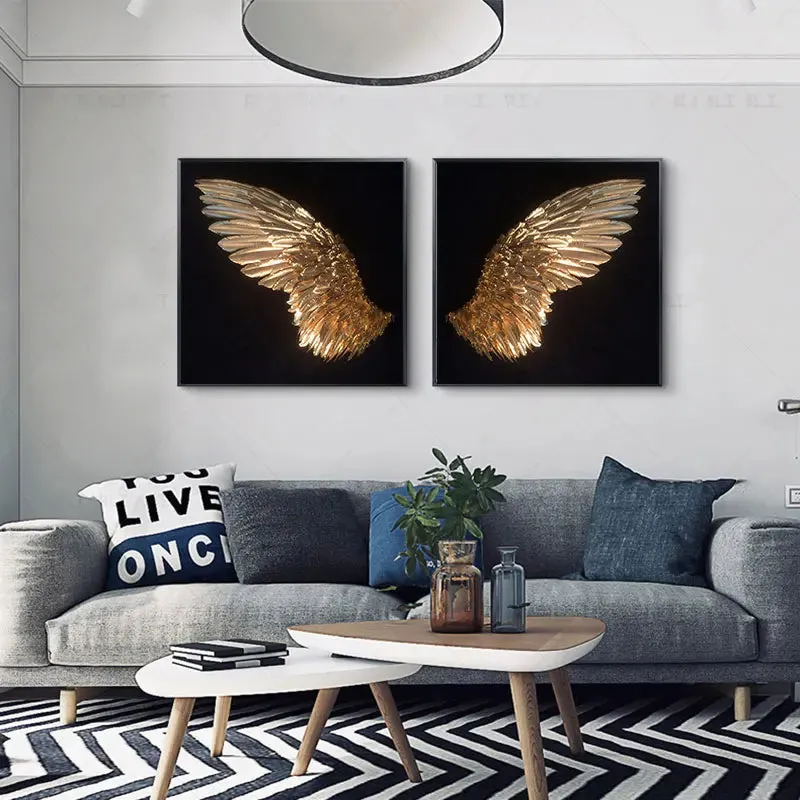 Golden Angel Wings Wall Art Fine Art Posters Prints Elegant Gilded Feather Diptych Canvas Print for Modern Bedroom Decor