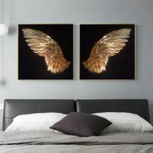 Golden Angel Wings Wall Art Fine Art Posters Prints Elegant Gilded Feather Diptych Canvas Print for Modern Bedroom Decor