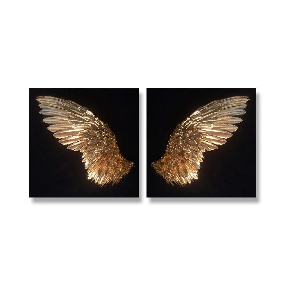 Golden Angel Wings Wall Art Fine Art Posters Prints Elegant Gilded Feather Diptych Canvas Print for Modern Bedroom Decor