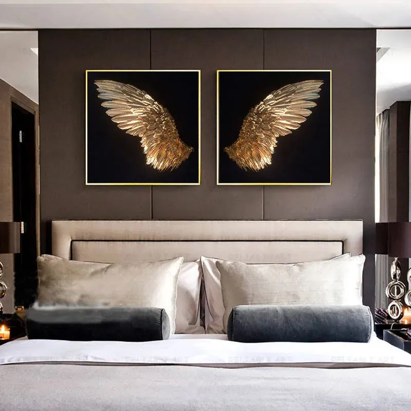 Golden Angel Wings Wall Art Fine Art Posters Prints Elegant Gilded Feather Diptych Canvas Print for Modern Bedroom Decor