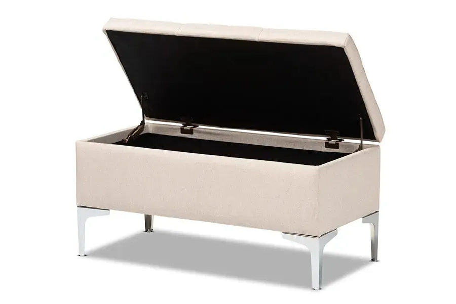 Keswick Beige Fabric Upholstered/Silver Finished Metal Storage Ottoman