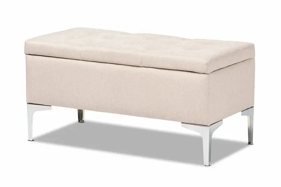 Keswick Beige Fabric Upholstered/Silver Finished Metal Storage Ottoman