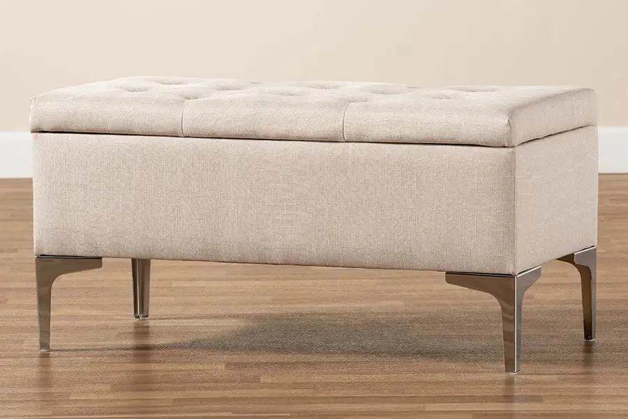 Keswick Beige Fabric Upholstered/Silver Finished Metal Storage Ottoman