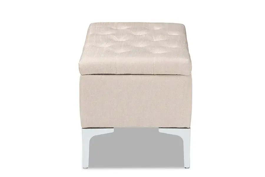 Keswick Beige Fabric Upholstered/Silver Finished Metal Storage Ottoman