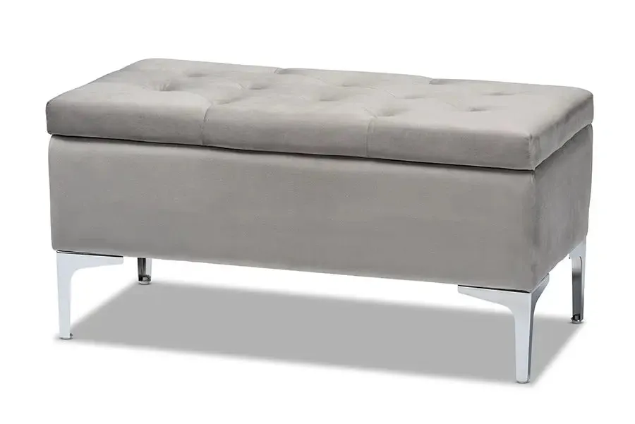 Keswick Grey Velvet Fabric Upholstered Silver Finished Storage Ottoman