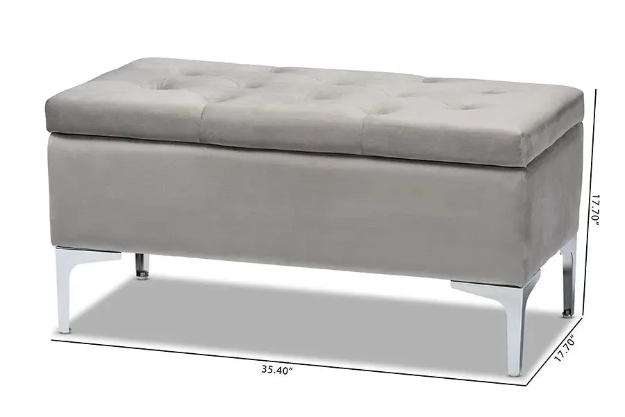 Keswick Grey Velvet Fabric Upholstered Silver Finished Storage Ottoman